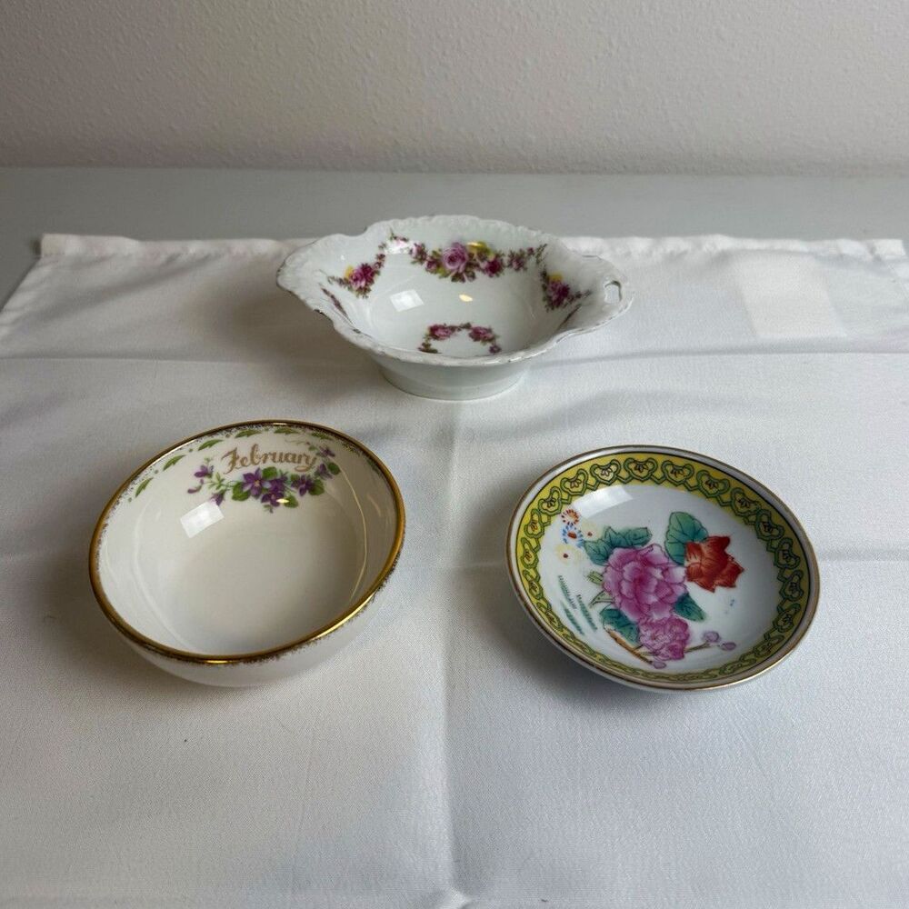Vintage Porcelain Floral Trinket Dish Bowl Lot February Violet Small Set